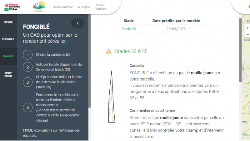 Au cours d’une saison culturale, la première consultation de l’OAD devra se faire au moment où la culture de blé sur la parcelle visée aura atteint le stade 2e nœud (BBCH 32). Il faudra alors se rendre sur la plateforme internet, y renseigner la variété emblavée, la date d’observation du stade BBCH 32 et la localisation de la parcelle. Il n’y aura plus qu’à lancer l’analyse et lire le résultat fourni par l’OAD.