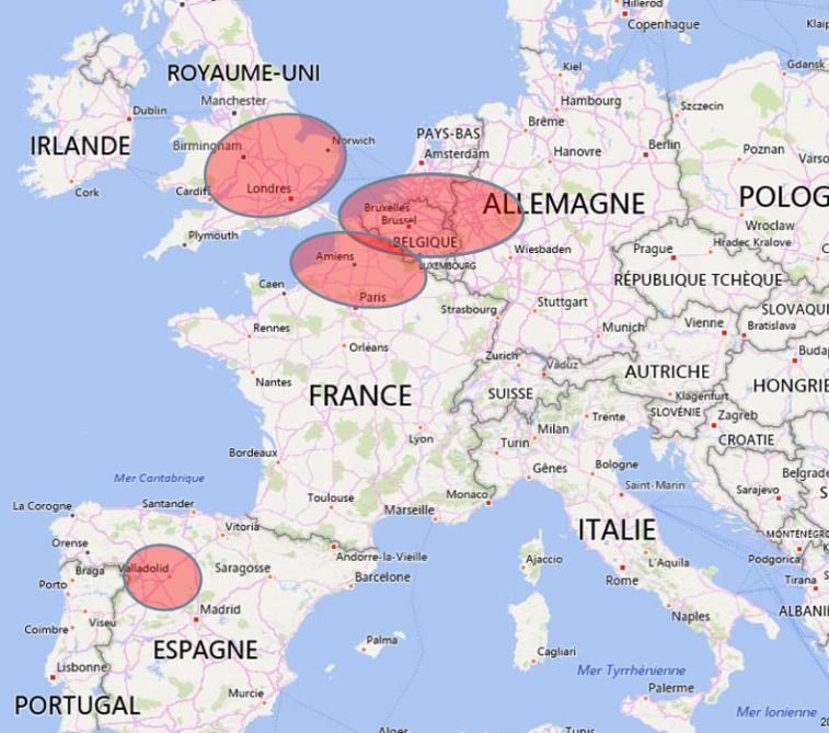 Les zones européennes les plus sensibles à la jaunisse virale sont cerclées de rouge.
