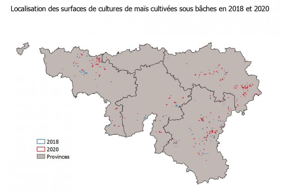 Figure 3: répartition des parcelles détectées comme du maïs sous plastique pour les années 2018 et 2020 en Wallonie (P. Houdmont et P. Defourny).