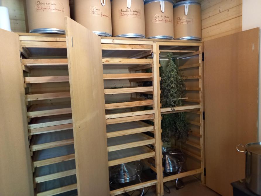 Le séchoir des plantes médicinales et aromatiques est installé dans la cabane des plantes. C’est là aussi qu’elles sont stockées et transformées.