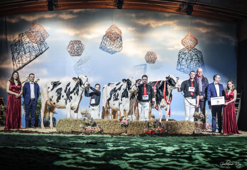 Au championnat des jeunes vaches (de gauche à droite): Rinetta de l’Herbagère (p. Doc), mention; AMH Antalya 9193 (p. Doorman), réserve; et Koala de Doyon (p. Mirand PP), championne et championne mamelles des jeunes vaches.