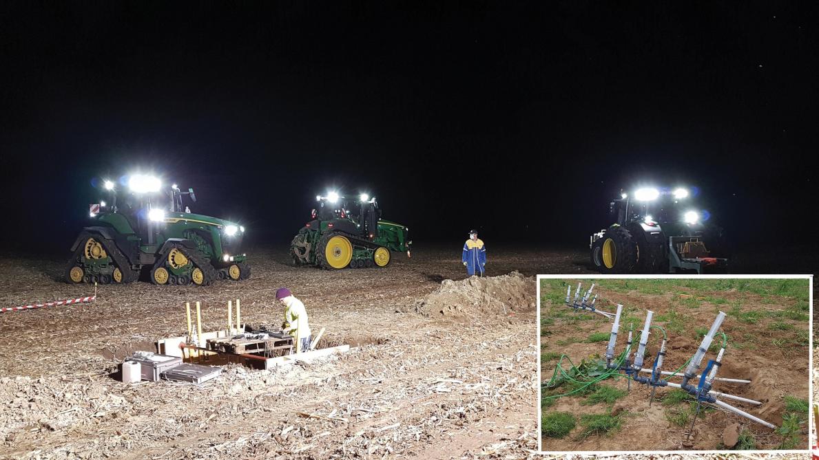 Installation des instruments de mesure dans le sol en préparation de l’essai comparatif des John Deere 8R, 8RT et 8RX.
