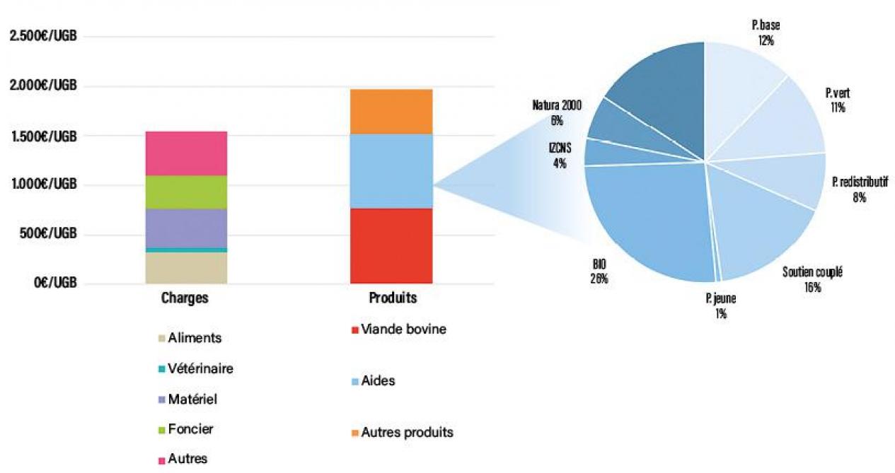 Figure 1: Répartition des charges et des produits dans les exploitations spécialisées en bovins viandeux biologiques.