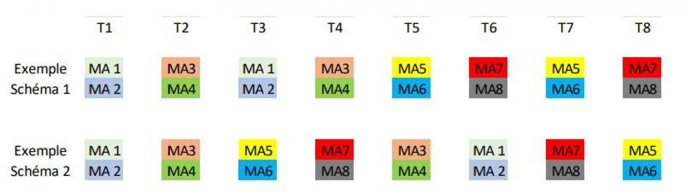 Figure 1: exemples de schéma de traitement faisant soit varier les molécules actives, soit alterner deux traitements en ne les utilisant que deux fois.