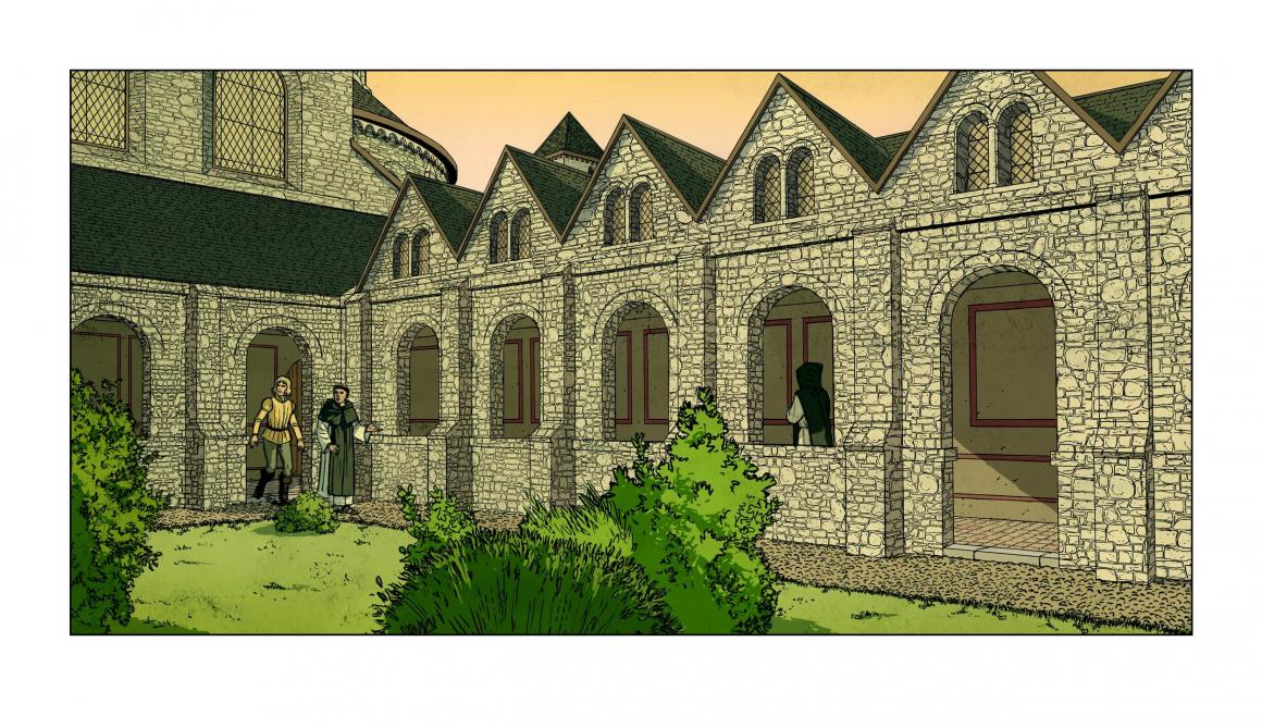 Le cloître datant du XIème siècle est situé au sud de l’abbatiale. Cette galerie continue, bordée de pièces servant aux différentes fonctions monastiques, entoure le jardin clos quadrangulaire.