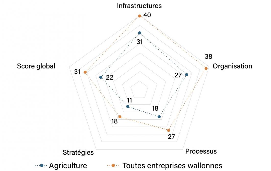 Figure 1: baromètre 2022 de maturité numérique des entreprises – chiffres des entreprises du secteur agricole wallon par rapport aux autres entreprises wallonnes. Source: Agence du Numérique Digital Wallonia.