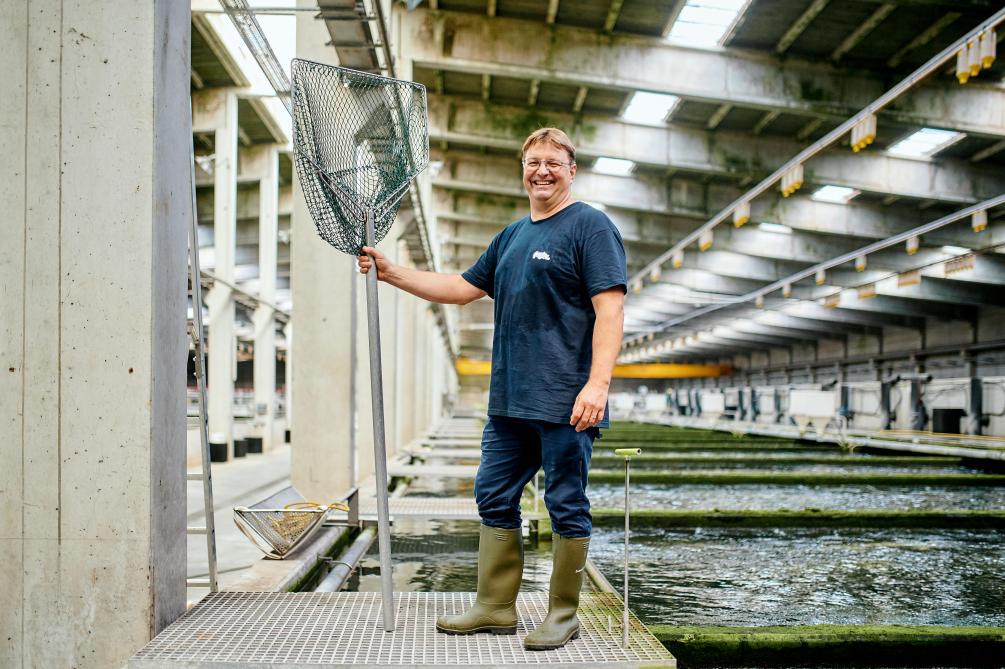 Les bâtiments de la ferme d’élevage fonctionnent en recirculation. Cela signifie que l’eau est prélevée dans la nappe phréatique et qu’elle est utilisée plusieurs fois dans la ferme avant d’être renvoyée dans la nature après épuration.