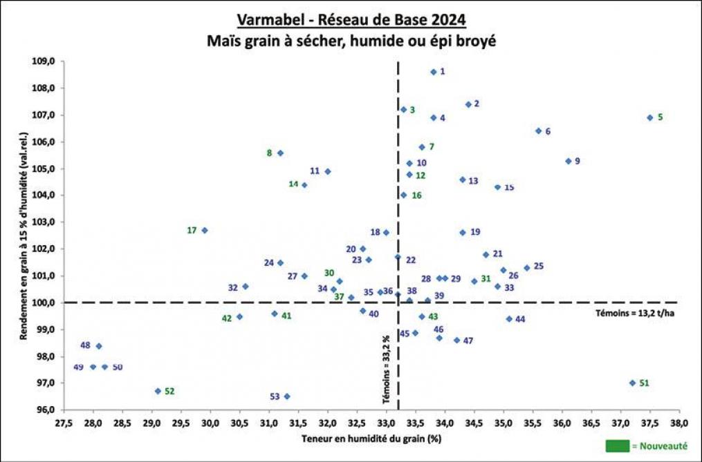 Figure 1: rendement en grain à 15% d’humidité en fonction de la teneur en humidité du grain (les références variétales se rapportent au tableau 2).