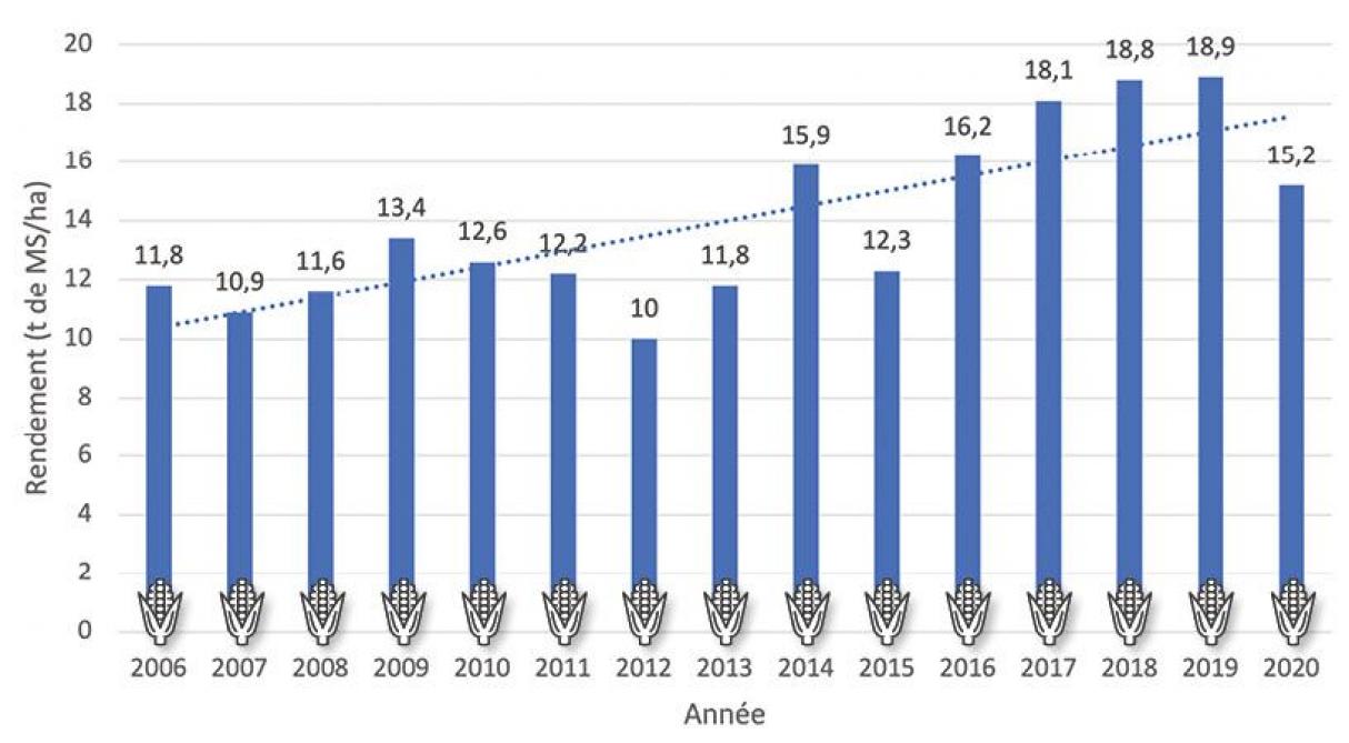 Figure 1: rendement du maïs en Ardenne selon l’année (données Cipf – réseau régions froides, variétés ultra-précoces et très précoces)