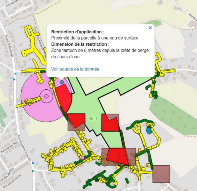 L’utilisateur peut s’informer de la nature des restriction en cliquant sur les polygones qui s’affichent sur les parties de la parcelle ne pouvant être traitée, chaque couleur de polygone représente un type de restriction particulier. Un lien permet de retrouver la donnée source ayant causé cette restriction.