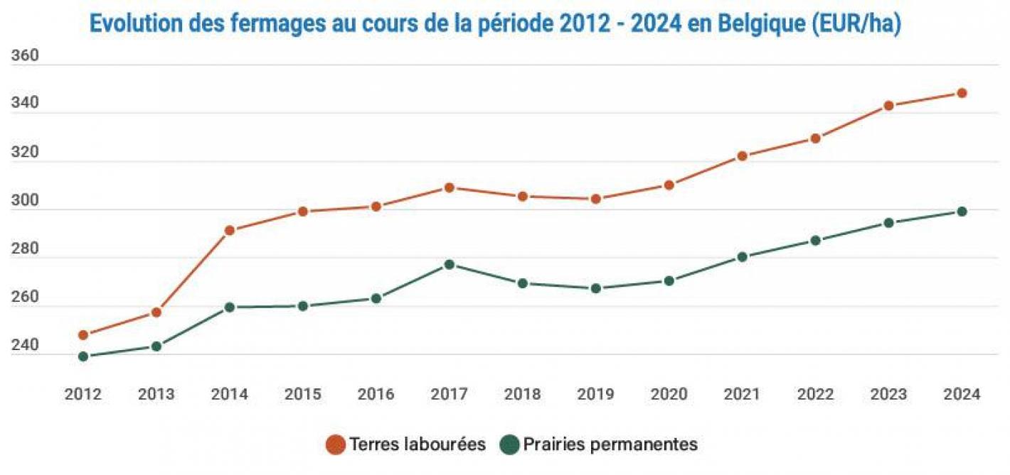 Figure 1: évolution des fermages au cours de la période 2012 – 2024 en Belgique (€/ha).