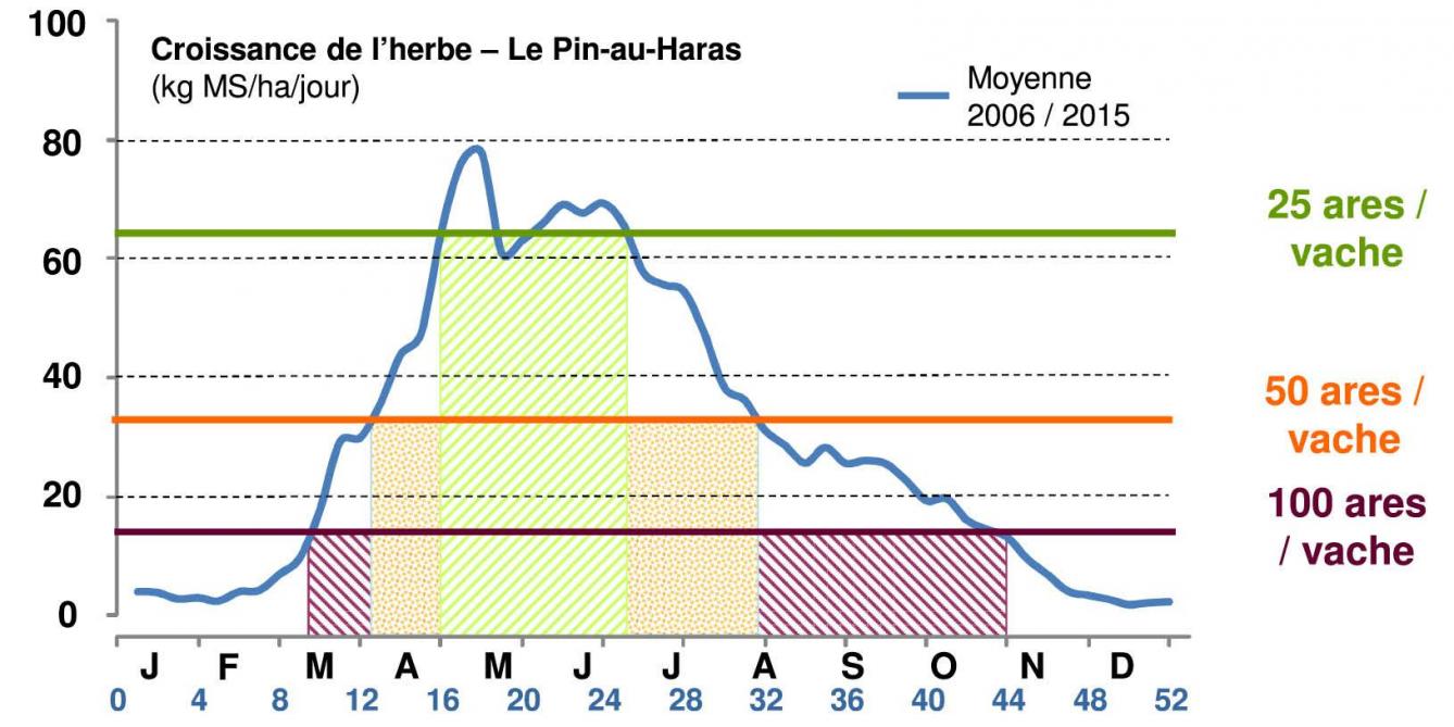 Figure 1 : exemple de gestion de la croissance de l'herbe au fil d'une année, en fonction du nombre d'ares disponibles par vache, relatif aux conditions observées dans la commune française, le Pin-au-Haras. Sources : Delaby et coll., 2025