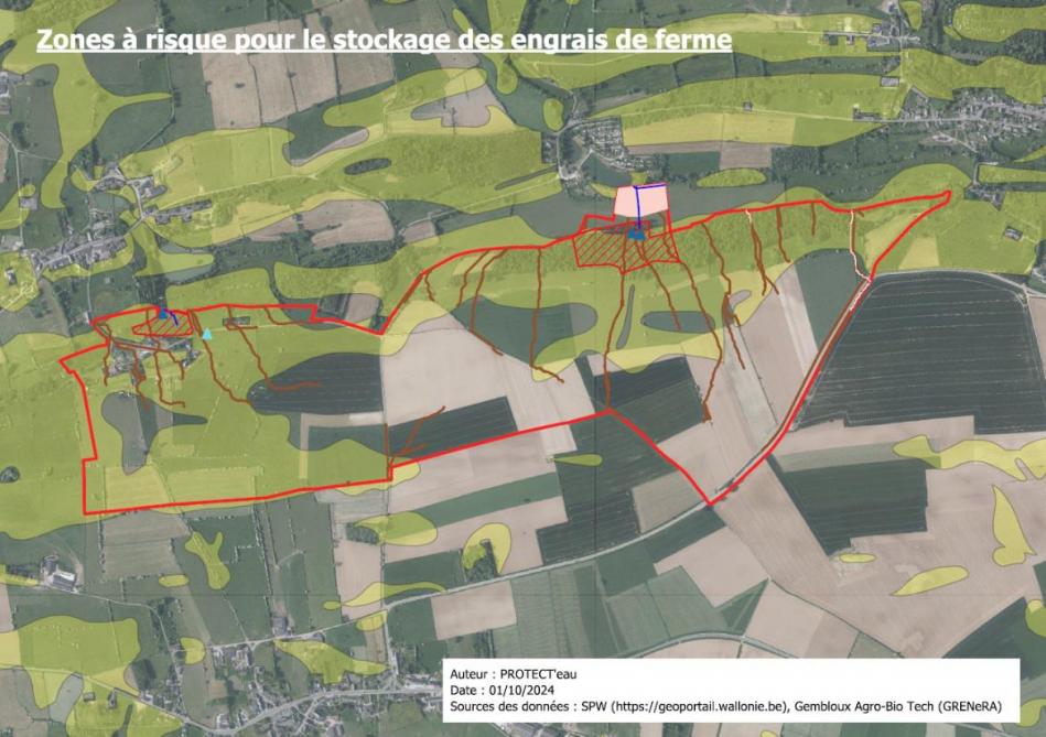 Exemple d’une carte générée par Protect’eau montrant les zones à risque pour le stockage des engrais de ferme au champ.