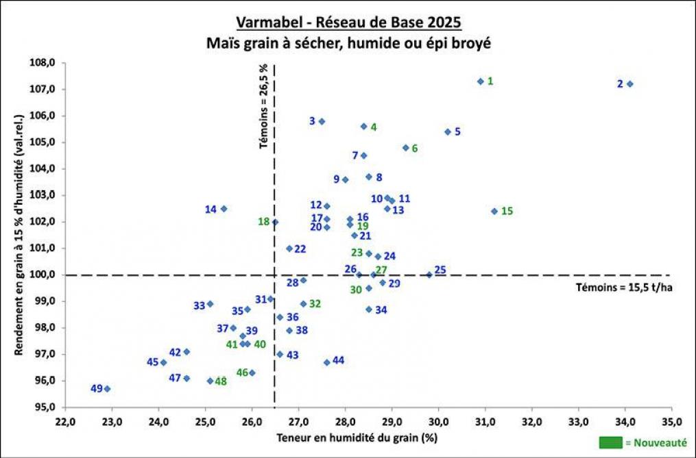 Figure 1: rendement en grain à 15% d’humidité en fonction de la teneur en humidité du grain(les références variétales se rapportent au tableau 2).