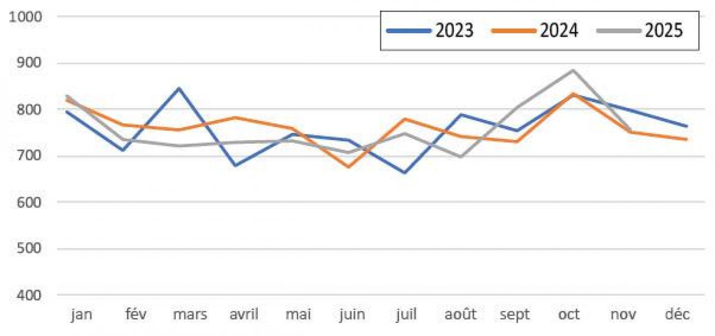 Figure 2: abattages de porcs de 25 à 130 kg (x 1.000)par mois pour la période 2023-2025 (source: Statbel).