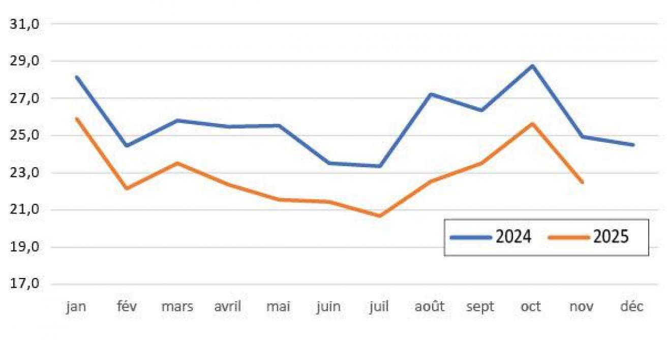 Figure 5: abattages de vaches (x 1.000) par moispour la période 2024-2025 (source: Statbel).