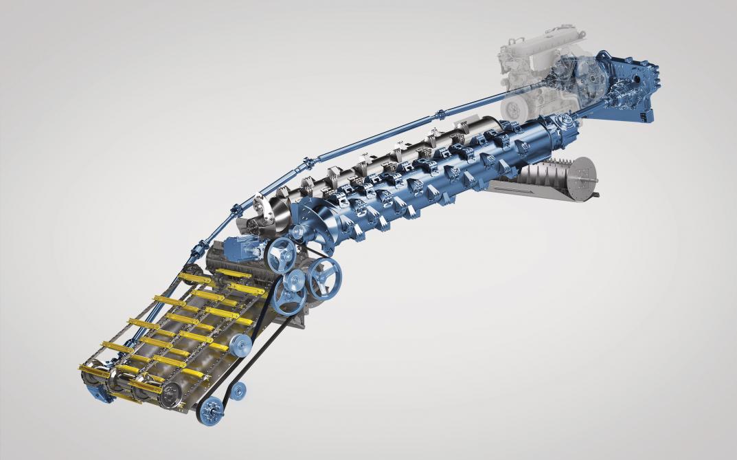 Les rotors longitudinaux constituent le cœur des machines à rotors et procurent des capacités supérieures à celles des machines conventionnelles. Sur cette illustration, la transmission CVT et l’arbre de transmission entraînant les organes de la nouvelle génération des CR 10 et CR 11 sont bien visibles. Cette solution permet l’inversion du sens de rotation de ces organes, rendant possible un débourrage rapide de la machine en cas de besoin.
