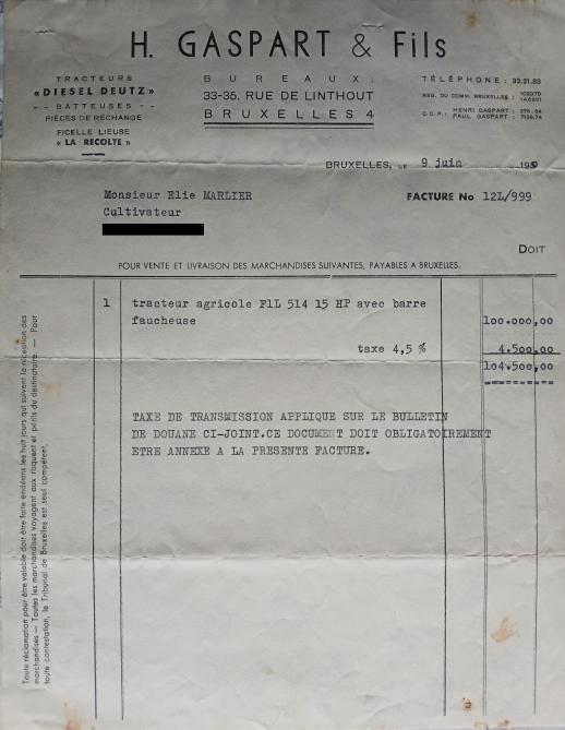 Le contrat d’achat du Deutz F1L514 acheté le 9 juin 1950 par son papa est toujours en possession d’Hubert.