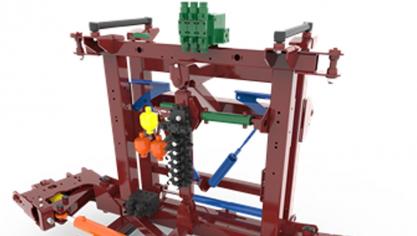 Section centrale Delta Force AutoTerrain: les composants verts sont ceux de l’AutoTerrain, la couleur jaune/orange est la fonction hydraulique anti-fouettement et les composants bleus sont pour le réglage manuel de la rampe (5réglages différents possibles).