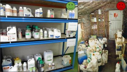 Le local phyto, à gauche, avec des produits clairement disposés et des étagères aux bords relevés, réduit les risques et la possibilité de faire des erreurs. Le local phyto, à droite, présente un danger pour l