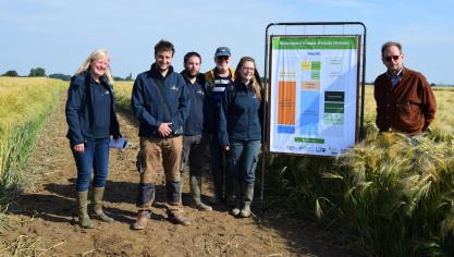 Christine Cartrysse, Benjamin Van Der Verren, Rémy Blanchard et Alice Nysten (en bleu), supportés par les membres de l’asbl et leur équipe, oeuvrent dans les essais afin de donner aux agriculteurs les éléments permettant de conduire leurs cultures au mieux.