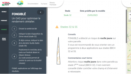 Au cours d’une saison culturale, la première consultation de l’OAD devra se faire au moment où la culture de blé sur la parcelle visée aura atteint le stade 2e nœud (BBCH 32). Il faudra alors se rendre sur la plateforme internet, y renseigner la variété emblavée, la date d’observation du stade BBCH 32 et la localisation de la parcelle. Il n’y aura plus qu’à lancer l’analyse et lire le résultat fourni par l’OAD.