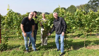 Xavier Bioul (à gauche) et Philippe Minne (à droite) entourent deux membres de leur équipe au coeur du vignoble  implanté en 2022.