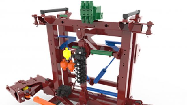 Section centrale Delta Force AutoTerrain: les composants verts sont ceux de l’AutoTerrain, la couleur jaune/orange est la fonction hydraulique anti-fouettement et les composants bleus sont pour le réglage manuel de la rampe (5réglages différents possibles).