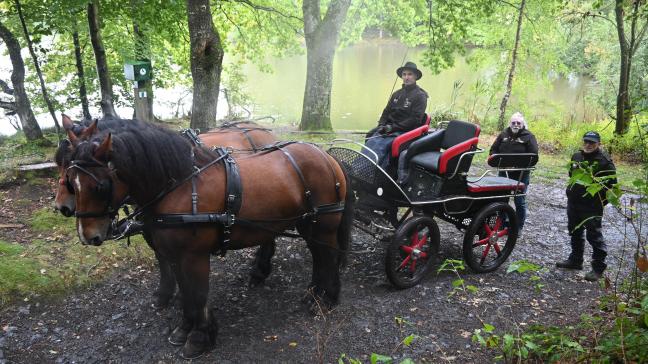 Claudy Lepère, vétérinaire et président  de l’Asbl, Laurent Georges, meneur,  et Emmanuel Girs, groom, avec Akira et Jaco ont représenté la race lors de la Route des chevaux de trait en Suisse Normande.