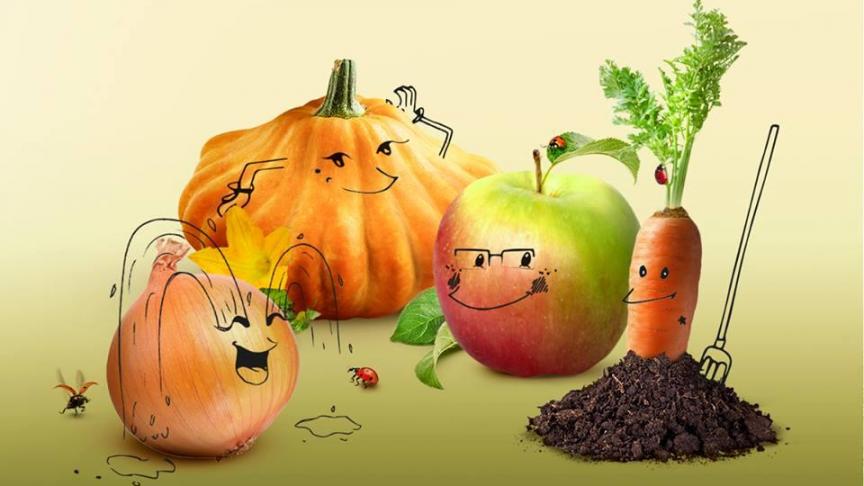 La campagne de promotion met en scène quatre fruits et légumes représentatifs  de la production bio wallonne et plébiscité par le consommateur :  un oignon, une courge, une pomme et une carotte.