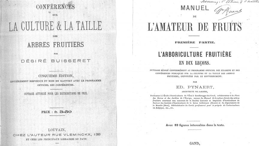 Deux exemples d’ouvrages anciens : « La culture et la taille des arbres fruitiers »,  par Désiré Buisseret (à gauche) et « Manuel de l’amateur de fruits », par Eduard Pynaert.