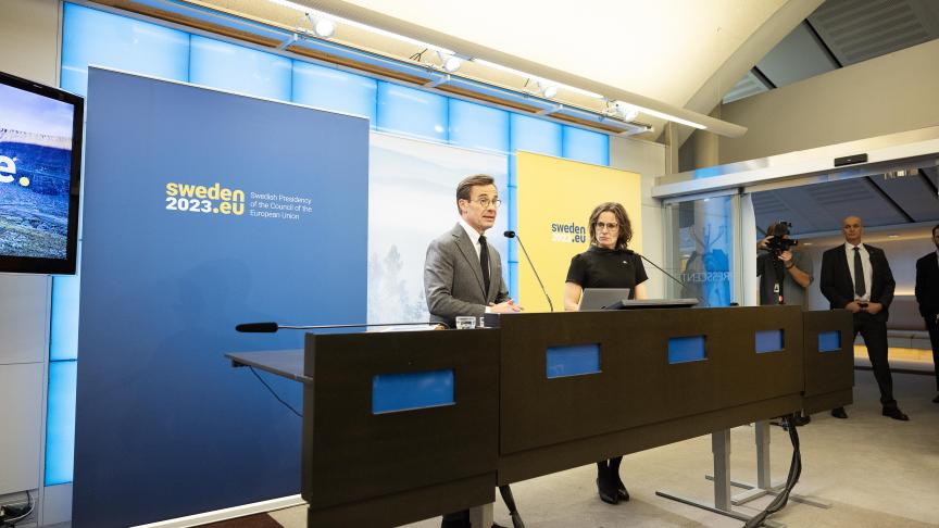 Le premier ministre Ulf Kristersson et la ministre des affaires européennes Jessika Roswall ont présenté les priorités de la présidence suédoise.