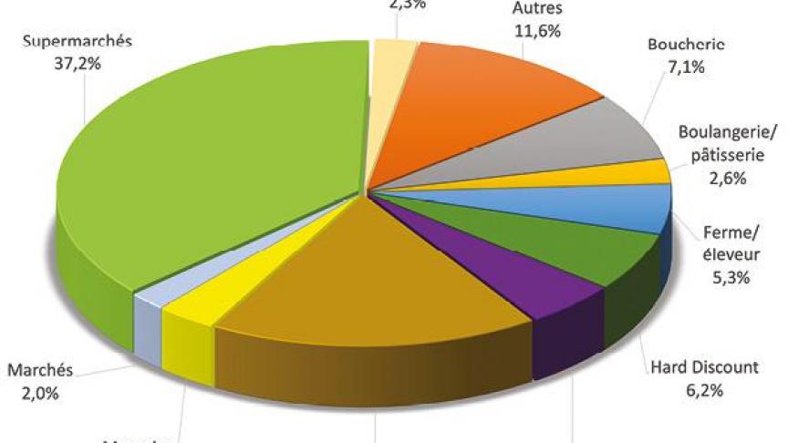 Figure 3: répartition des dépenses des produits bio en Wallonie selon les canaux de distribution en 2023 (%). (Source: Observatoire de la consommation)