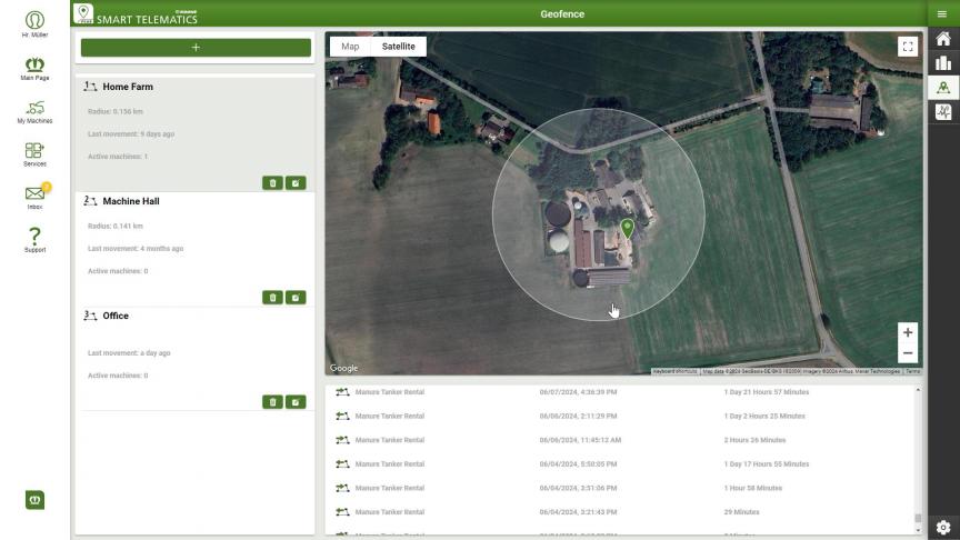 La fonction Geofence permet de délimiter une zone sur la carte pour visualiser les déplacements des machines et enregistrer les heures auxquelles elles entrent et sortent de ladite zone.