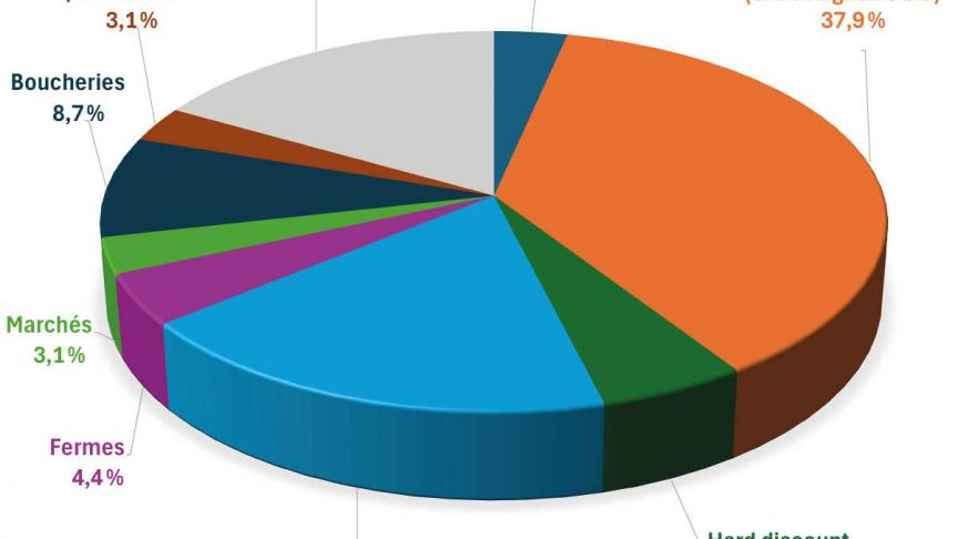 Figure 1: répartition des dépenses des produits bio en Wallonie selon les canaux de distribution en 2025 (en%). (Source: Observatoire de la consommation)